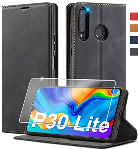 Handyhülle für Huawei P30 Lite Hülle Leder [mit P30 Lite Schutzfolie] für Huawei P30 Lite Hülle Klappbar Stoßfeste Flip Leder Schutzhülle Case Handyhülle für P30 Lite
