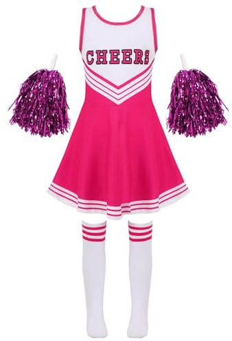 Jowowha Mädchen Cheer Leader Cheerleading Kostüm Schulmädchen Uniform Karneval Fasching Party Halloween Kostüm Kleid mit Pompoms