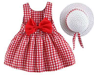 IWEMEK Robe Bébé Enfant Fille été Fleur Imprimé Costume Princesse Nœud Papillon Ensemble Trapèze sans Manches + Chapeau de Paille Décontractée Plage Vacances Loisir #Carreaux Rouge 2-3 Ans