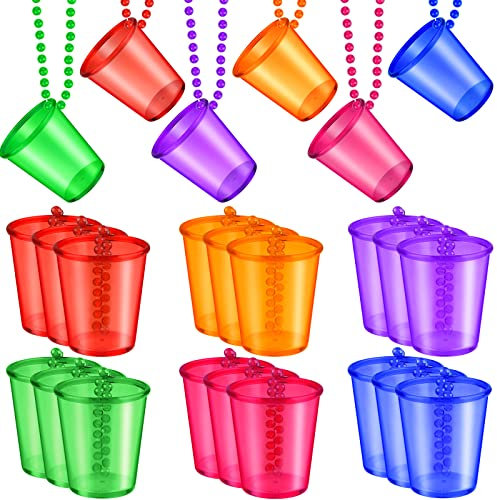 24 Pieces Shot Glass on Beaded Necklace Shot Glass Necklaces Plastic Shot Cup Necklace for Team Groom and Bride Supplies Bachelorette Party Birthday Wedding Party Festival Parade (6 Colors)