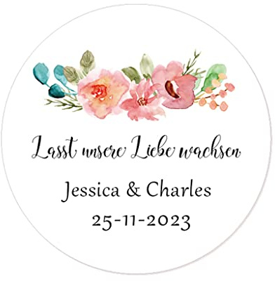 50 STICKERS Blumen PERSONALISIERT 'Lasst unsere Liebe wachsen' Hochzeit Aufkleber, 40mm Runde Liebe Saat/Blumensamen Etiketten für Hochzeit,Taufe,Konfirmation,Gastgeschenk,Tüten - Rd 281 (004)