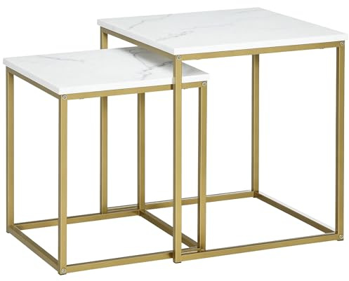 HOMCOM Tavolino da Salotto Set 2 Pezzi Impilabile Bianco e Oro
