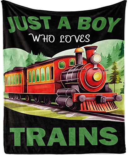 Just A Boy Who Loves Trains Blanket for Boys, Train Throw Blankets Gifts for Kids, Gift for Train Lovers, Soft Cozy Lightweight Flannel Fleece Train Blanket Throw for Sofa Couch All Season, 100x130CM
