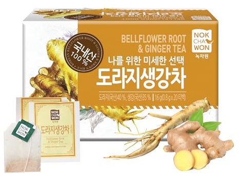 [Nokchawon] Korean Bellflower Root and Ginger Tea Bags - 20 Count, Caffeine Free Warming Herbal Infusion - Traditional Korean Herbal Tea