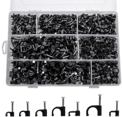 KOXXIAMOQ 700 Pcs Cable Clips with Steel Nails, Nail in Cable Clips, Black 4/5/6/8/10mm Cable Wire Clips, Cable Wall Clips, Wire Staples Cord Clips with Nails for Speaker Ethernet Cords Wires