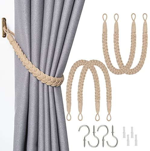 NICEEC 4 Pack Natural Cotton Rope Curtain Tiebacks Elegant Boho Style Decorative Drape Tie Backs Soft Hand-Woven Rope Curtain Holdbacks with Metal Hook for Home & Office Drapery (Dark Beige)