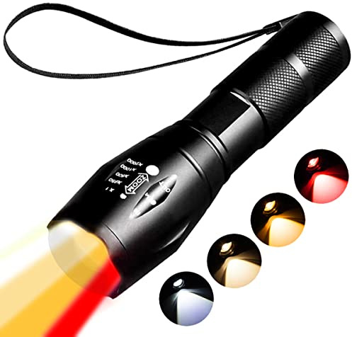 YZYOE Lampe de poche à Lumière rouge rechargeable, Lumières chaude 1800k photographique, lumière blanche et jaune lumière ambrée et rouge 4 en 1, observation nocturne.