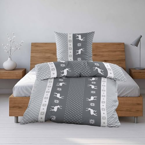 Casa Colori Biber Bettwäsche 135x200 cm | 2tlg. | Winter Garnitur | Baumwolle | mit Reißverschluss | Anthrazit Grau Rentiere Weihnachten