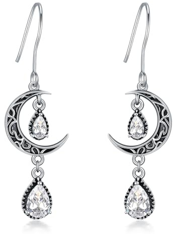 VONALA Orecchini Pendenti in Argento 925 Stile Celtico, Orecchini Verde/Rosso/Viola a Forma di Luna, Gioielli in Argento Sterling Stile Celtico, Idee Regalo per Donne e Ragazze, 45*12mm, Argento