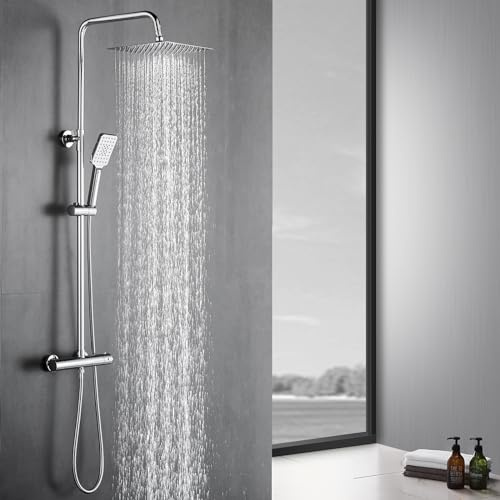 Lovhaus Colonne de Douche Thermostatique, Ensemble de Douche de Douche carré avec douche à effet pluie 25 x 25 cm, Douche à main à 3 fonctions, ensemble barre de douche, chromé