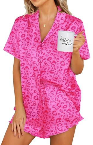 Ekouaer Silk Pajamas Womens Short Sleeve Sleepwear 2 Piece Satin Pjs Shorts Set Button Down Loungewear Hot Pink S