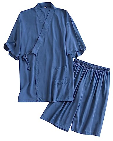 Ensemble pyjama d'été pour homme - Pantalon court + kimono sauna spa - Tenue d'intérieur 2 pièces - Japonais - Vêtement de détente pour la maison - Vacances, bleu, M