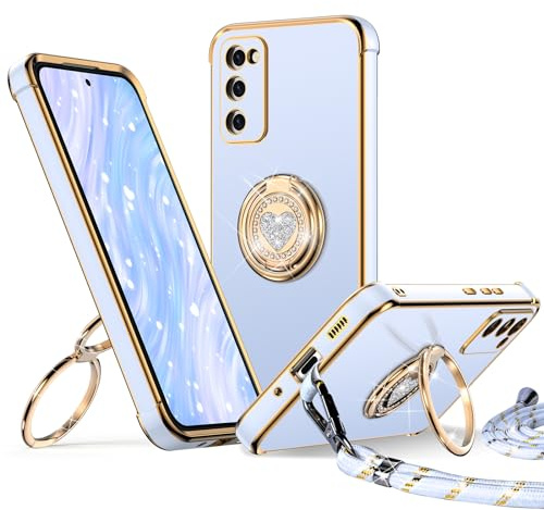 XYZ für Samsung Galaxy S20 FE Hülle mit Band, Blau | Herzen Doppelring Ständer HandyHülle, Frauen Mädchen Dünn Stoßfeste Case mit Handykette, Anti Kratzt SchutzHülle