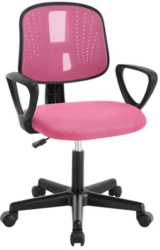 Klihome Skrivbordsstol för barn, svängbar studiostol, ergonomiska stolar med hjul, ventilerande nättyg, automatisk justerbar svängbar pall med ryggstöd, rosa, K0004BS