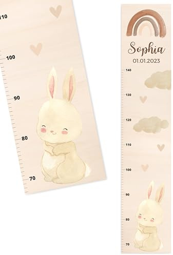 Bärenfreunde® - Personalisierte Messlatte Kind Holz zum Kleben oder Aufhängen - Skala 70-140cm - Süße Dekoration für Baby- & Kleinkinderzimmer (Kinder 70-140cm, Hase)