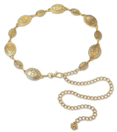 Women's Embossed Flower Design Metal Chain Belt - Adjustable Waist Decorated Alloy Belt for Ladies Dress - Fashion Link Gold Chain for Girls and Women