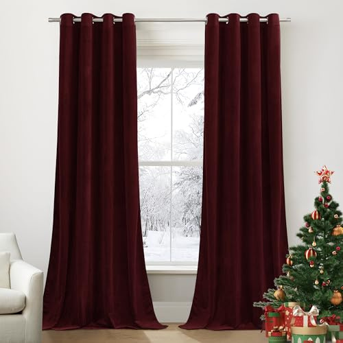 Pony Dance Sammetsgardiner, set med 2 stycken, med öljetter, 300 g/m², tunga gardiner, köldskydd, mörkläggningsgardiner, dekorativa julgardiner för vardagsrum, L 220 x B 132 cm, röd