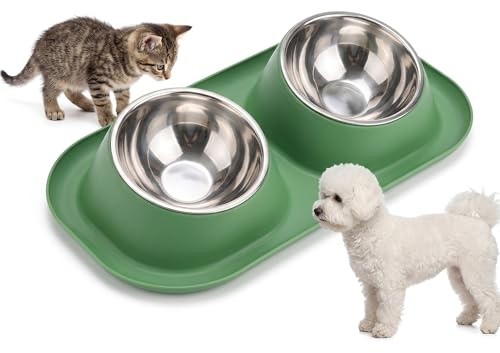 Suhaco Double Dog Bowl Raised Dog Food Bowl Non Slip Stainless Steel Double Bowls with Non-spill for Small Dogs and Cats (Green)
