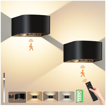 Audor Akku Wandleuchte Innen 2 Stück, 5000mAh Kabellose LED Wandlampe mit Bewegungsmelder, Fernbedienung, Up Down Wandlicht, keine Bohrung