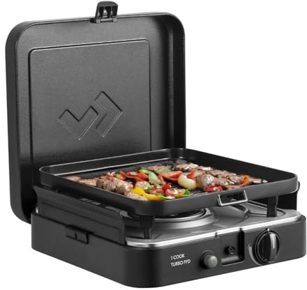 CADAC - 1 Cook Turbo FFD Flat Plate - barbecue - Barbecues portables | Surface de cuisson en acier inoxydable, Incl. Housse de protection, Camping, Les incontournables du barbecue, Noir