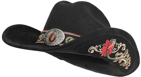 Melesh Western-Cowboyhut für Damen und Herren, formbar, große breite Krempe, Cowgirl-Hut mit Stickerei, Schwarz, L