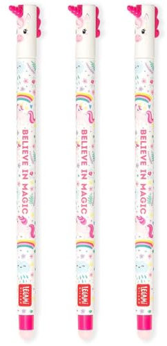 LEGAMI Set mit 3 radierbaren Gelstiften mit thermoempfindlicher Radiertinte, 0,7 mm Spitze, Einhorn-Designs