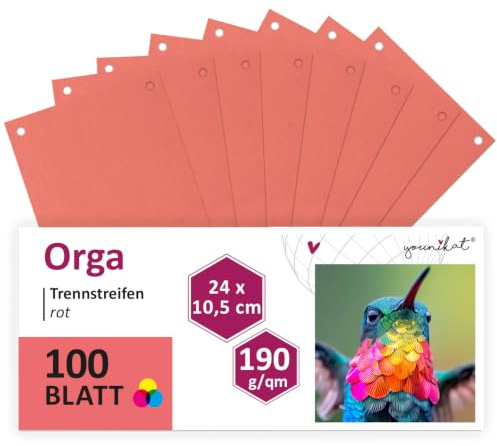 younikat 100 Stück Trennstreifen für Ordner A4 DIN rot Karton - you0067 | Trennblätter Sortiersystem schmal, 190 g/qm Karton mit 2-facher Abheftlochung, Insgesamt 100 Trennlaschen, Größe 24 cm breit