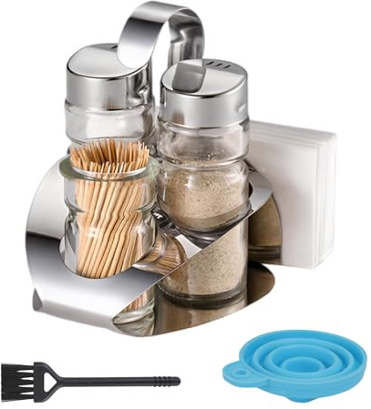 WRENYZK Four-in-One Salt and Pepper Shakers Set with Toothpick and Napkin Holder，Condiment Holder with a Cleaning Brush, 1 Funnel, Cruet Set of Modern and Functional for Restaurants, Household