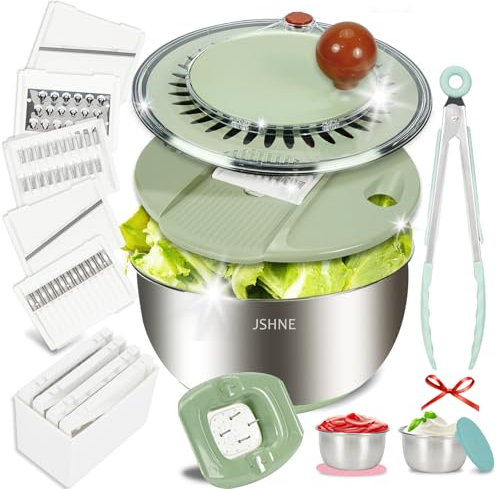 Stainless Steel Salad Spinner with Cutting Function [5 Different Accessories] Salad Spinner by Non-Slip Base and Crank Drive, Yolk Separator, Bowl