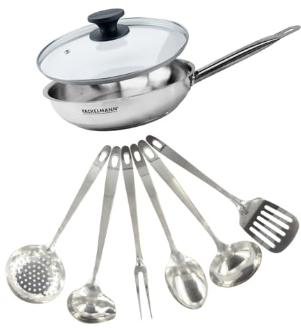 Fackelmann Set poêle inox 28 cm, couvercle verre et 6 ustensiles inox | Poêle inox 28 cm avec couvercle verre, Inox 18/8 et ustensiles assortis, Fond 20 cm pour une chauffe homogène, Sans PFAS