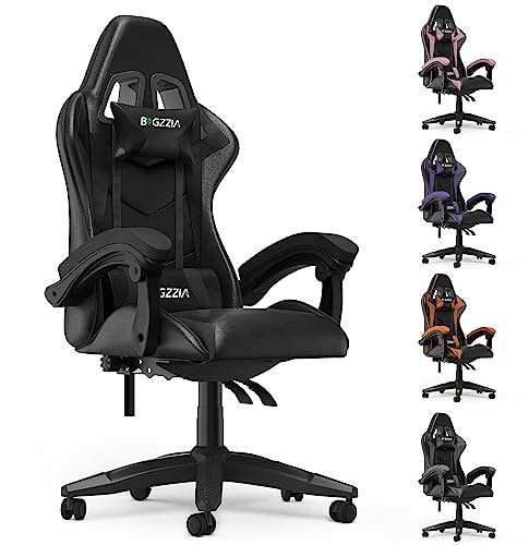 Bigzzia Gaming Stuhl,90-135°Rückenlehne Gaming Chair Kohlrabenschwarz | Mit Lendenkissen & Kopfstütze, höhenverstellbar & 360° drehbar, passend für Jugendliche und Erwachsene, bequemes PU-Leder