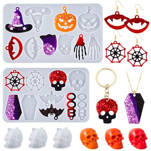 YODOYO Halloween Resin Earrings Mold 3pcs Mini Skull Resin Jewelry Molds, Bat Pumpkin Coffin Silicone Mold for Earring Pendant Bracelet Keychain Making Kit DIY Epoxy Ornaments Holiday Gifts