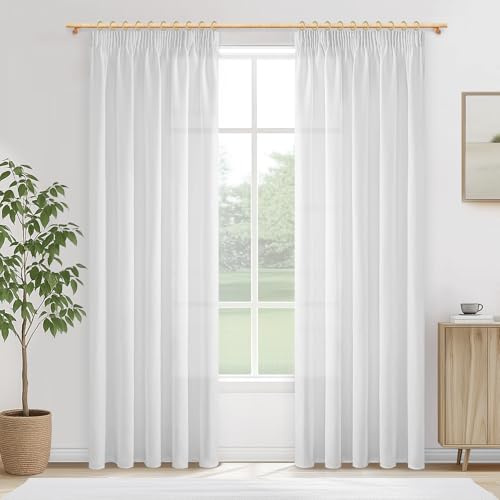 MRTREES Tende Bianche con Fettuccia Semitrasparenti per Interni Soggiorno Salotto Bellissime Moderne 2 Pezzi 140x215 CM, Tenda Bianca Lino per Casa Camera da Letto Cameretta Bambini Finestre