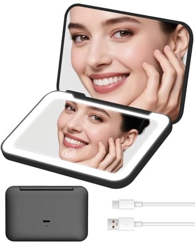 Rantizon Rechargeable Compact Mirror with Light,Christmas Stocking Fillers Portable Makeup Mirror 1X & 2X Magnifying Travel Mirror with 3 Lights & Gifts for Women Girls