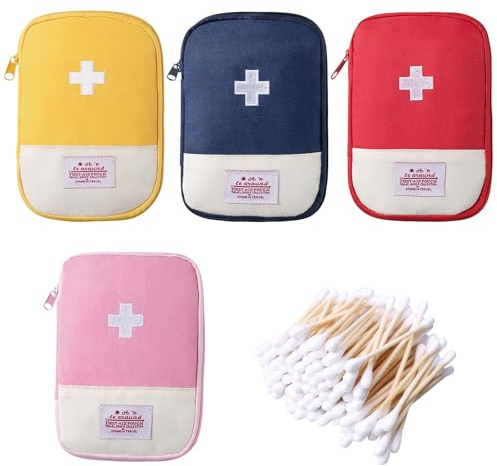 ZhouWei 4 Stück Medikamententasche, Medikament Tasche Wasserdicht mit 200 Wattestäbchen, Medizin Aufbewahrungstasche, Mini Erste Hilfe Tasche, für Haus Auto Reise Sport Camping (4 Farben)
