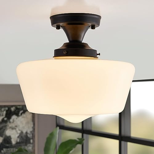 Modern Semi Flush Mount Ceiling Light with Opal Milk Glass for Vintage Farmhouse Bedroom, Bathroom, Hallway