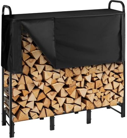 VEVOR Estante de Almacenamiento de Leña 122 x 32 x 118 cm Marco de Metal con Recubrimiento en Polvo con Media Cubierta Soporte de Leña Carga de 181,4 kg para Chimenea, Terraza, Patio, Jardín, Negro
