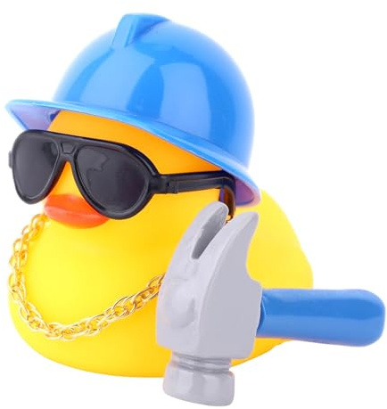 Fukaisu Small Duck for Dashboard Decorations, PVC Cool Rubber Construction Worker Duck with Safety Helmet Hammer Necklace Sunglasses Glue Points for Car Landscape Decoration
