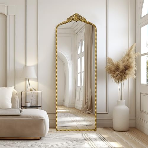 G-LEAF Barock Bogen Ganzkörperspiegel, 56cm x 165cm Vintage Gewölbter Standspiegel, Groß Antiker Wandspiegel zum Stehen, Anlehnen oder Hängen, Bodenspiegel für Schlafzimmer, Wohnzimmer,Gold