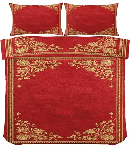 Générique Housse de Couette Motif Damassé Or Rouge - Parure de lit Victorien Luxe 220x240 - Literie 2 Personnes en Microfibre avec 2 Taies d'oreiller - Réversible 3 Pièces - Fermeture Éclair Ri1197