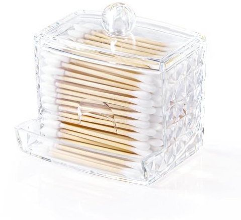 keilend Acrylic Cotton Bud Holder, L-shaped Qtip Dispenser with Lid, Diamond-pattern Bathroom Storage Jar for Cotton Swab, 9 x 8 x 6.7 cm, Clear
