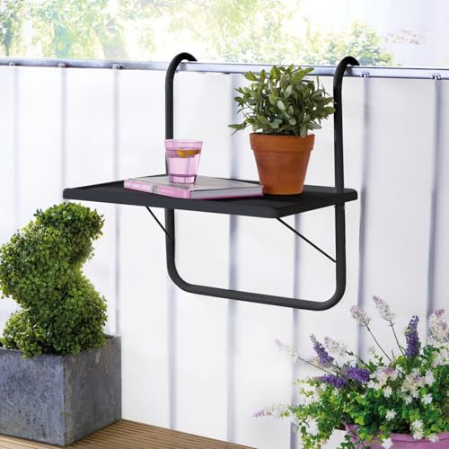 3 Pagen® Balkontisch klappbar schwarz – Hängetisch für kleinen Balkon – platzsparend, funktional und wetterfest– Klapptisch für Balkon- & Terrassengeländer – Maße Tischplatte: 40 x 52 cm