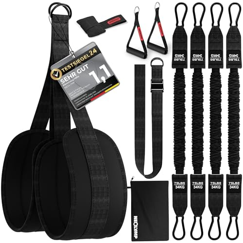 NEOLYMP Klimmzughilfe – kontrollierte Unterstützung ohne Zurückschnellen – 4-Seil-System mit gepolsterten Fußschlaufen, 4X Tube Bands je 34 kg – Klimmzugband Set für saubere Klimmzüge