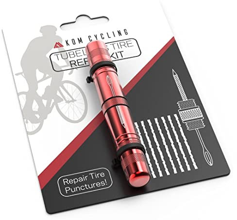 KOM Cycling Tubeless Tire Repair Kit for Bikes – 8 Colors! Fixes Mountain Bike and Road Bicycle Tire Punctures – Includes Tire Repair Fork and Reamer, 8 Bacon Strips. Tubeless Repair Made Easy (Red)