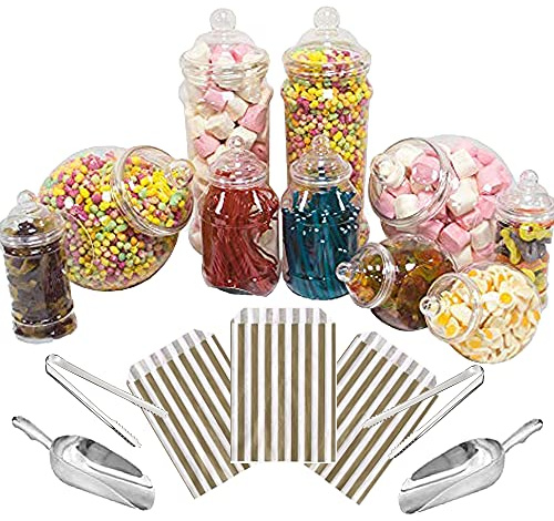 Purple Square 10 Mixed Jar Retro Pick & Mix Victorian Sweet Shop Candy Buffet Kit Party Pack with Scoops, Tongs & Bags - Gold Stripe Bags