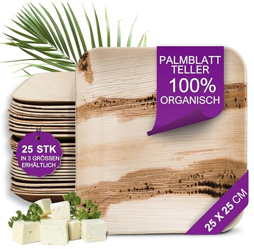Waipur Assiette Jetable en Feuille de Palmier - 25 pcs. Carrées 25x25 cm - Vaisselle Naturelle et Élégante - Chic, Résistante et au Design Unique - semblable au Bambou et au Bois