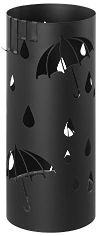 SONGMICS Regenschirmständer, Schirmständer, rund, aus Metall, mit 4 Haken, Wasserauffangschale herausnehmbar, 17 x 41 cm (Ø x H), für Eingangsbereich, Flur, schwarz LUC024B01