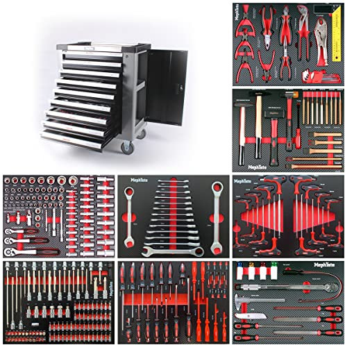 Mephisto Werkzeugwagen Werkstattwagen mit 9 Schubladen Davon 8 mit Werkzeug wie Schraubenschlüssel, Ratsche mit Nusskasten, Schraubendreher usw. in Soft Inlays in Carbonoptik gefüllte Schubladen