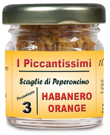 I Piccantissimi - Pimiento picante NARANJA HABANERO en tarro (15gr) - Hojuelas de pimiento picante de larga duración - Pimiento habanero cultivado en Italia (300.000 SHU)