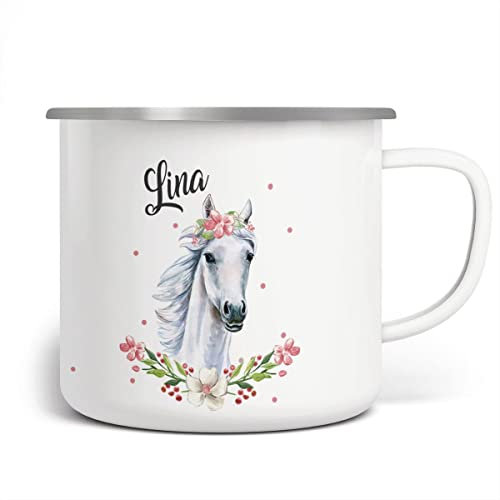 Mikalino Emaille Tasse Weißes Pferd mit Blumenranke und mit Wunschname personalisierte Kindertasse mit Namen bedruckt Emaille Becher Emailletasse Geschenk, Farbe:weisssilber, Grösse:300ml